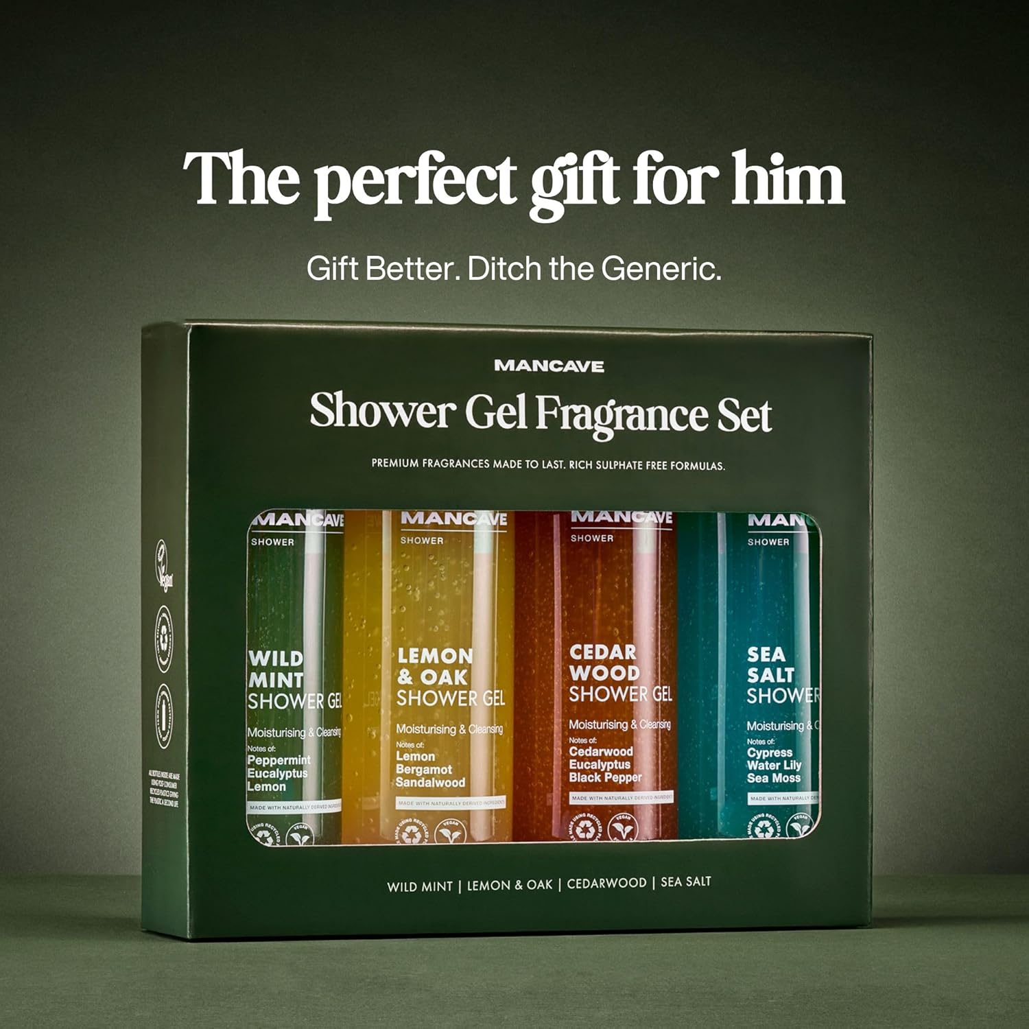 Thumbnail 2 de ManCave Coffret Cadeau Hommes – Lot Gel Douche 4x500 ml (Menthe, Citron et Chêne, Bois de Cèdre et Sel de Mer) – Vegan, Sans Sulfate, Made in England