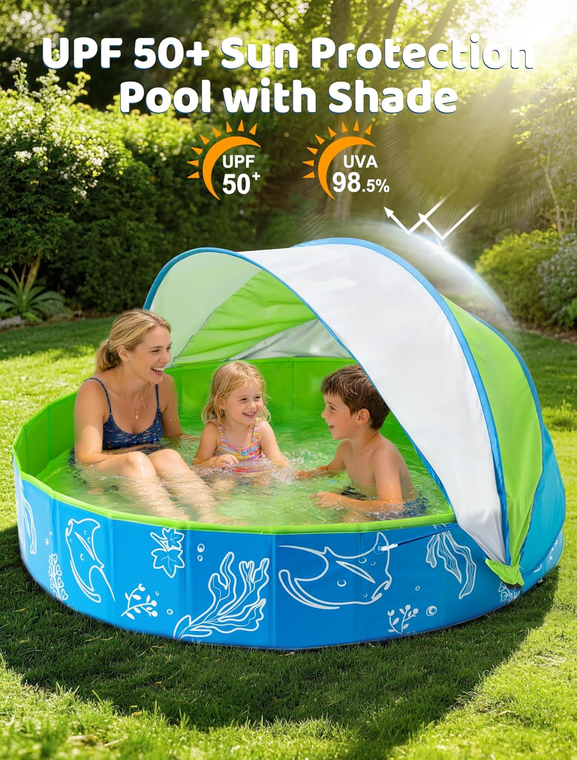 Thumbnail 3 de Hikiddy Foldable Kiddie Pool with Canopy (63in) – Extra Large Family Splash Pool for Outdoor Water Play