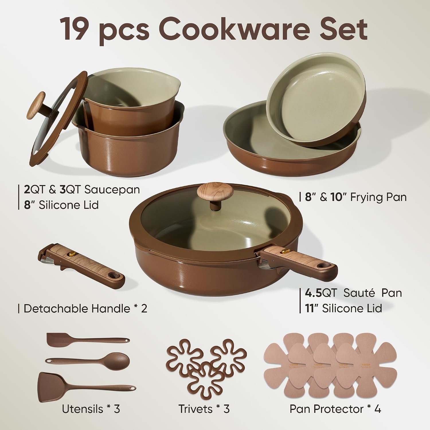 Thumbnail 1 de CAROTE Ceramic Cookware Set: 19-Piece Pistachio Green Nonstick with Detachable Handles