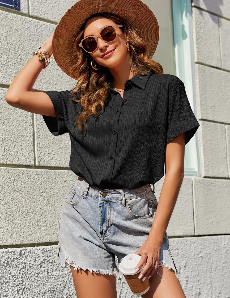 Thumbnail 4 de Zeagoo chemise boutonnée femme à manches courtes et col en V, coupe ample