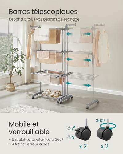 Thumbnail 2 de Songmics Étendoir à Linge 3 Niveaux, Séchoir Mobile Pliable – XXL en Acier Inoxydable