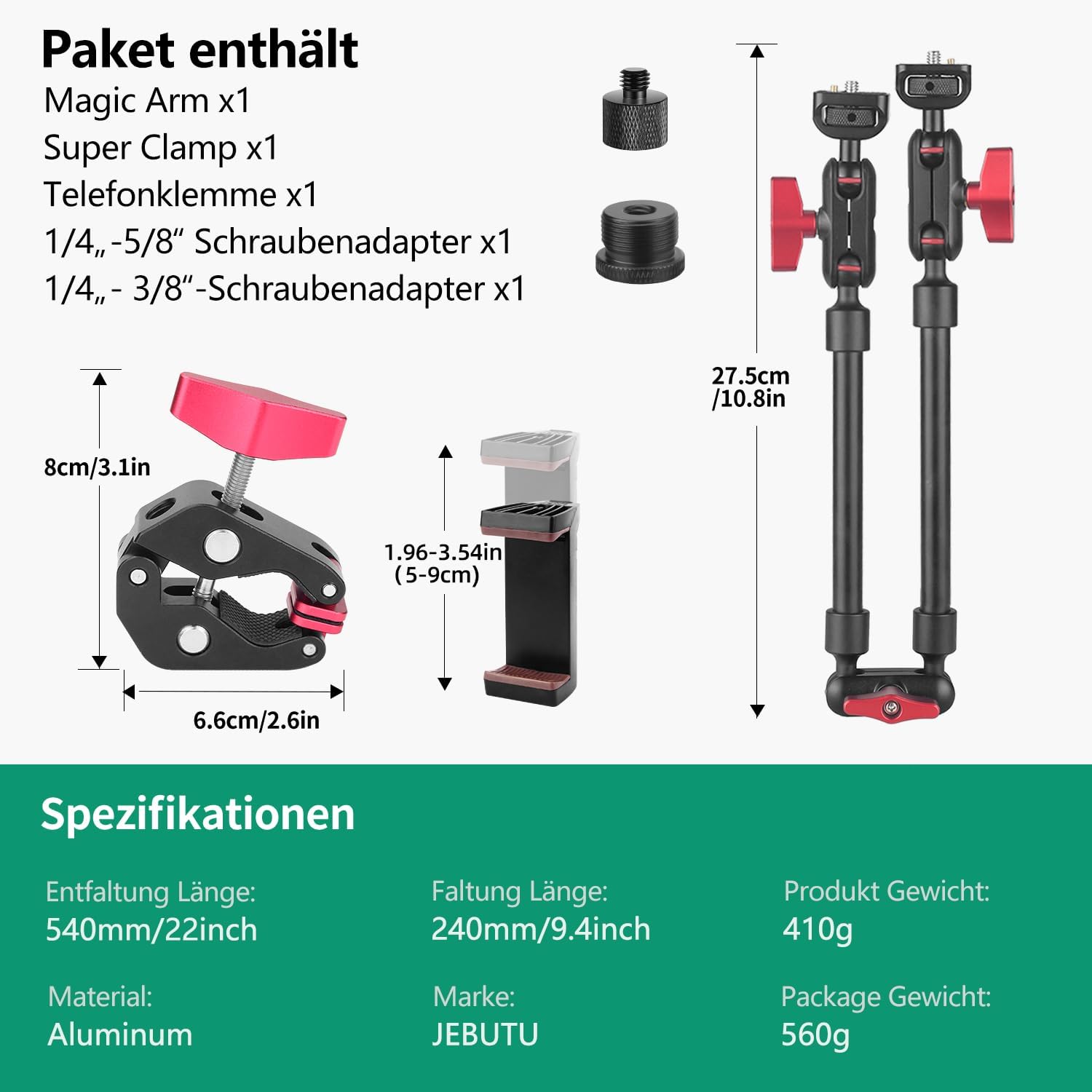 Thumbnail 5 de JEBUTU 56 cm Magic Arm mit Super Clamp, 360° flexibler Tischhalter mit 1/4"-Gewinde – schwarz/rot