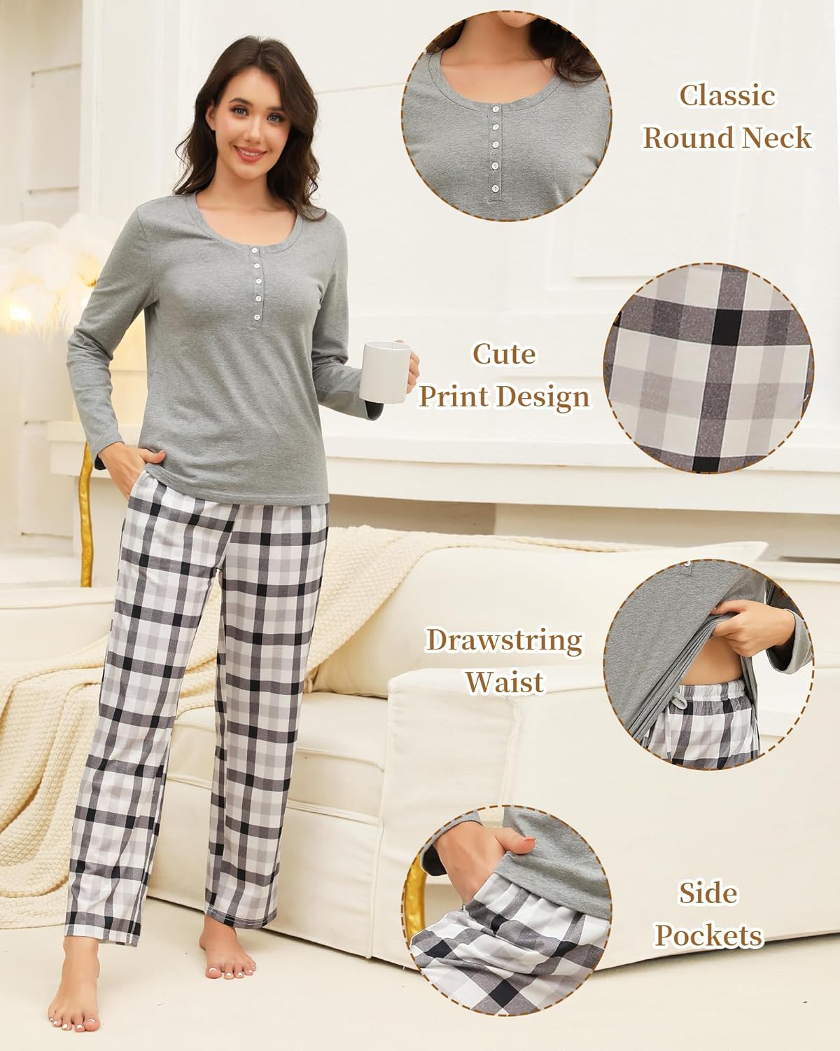 Thumbnail 4 de TeJoyce Women’s Soft Cotton Pyjama Sets – Long Sleeve Top & Checked Pants with Pockets