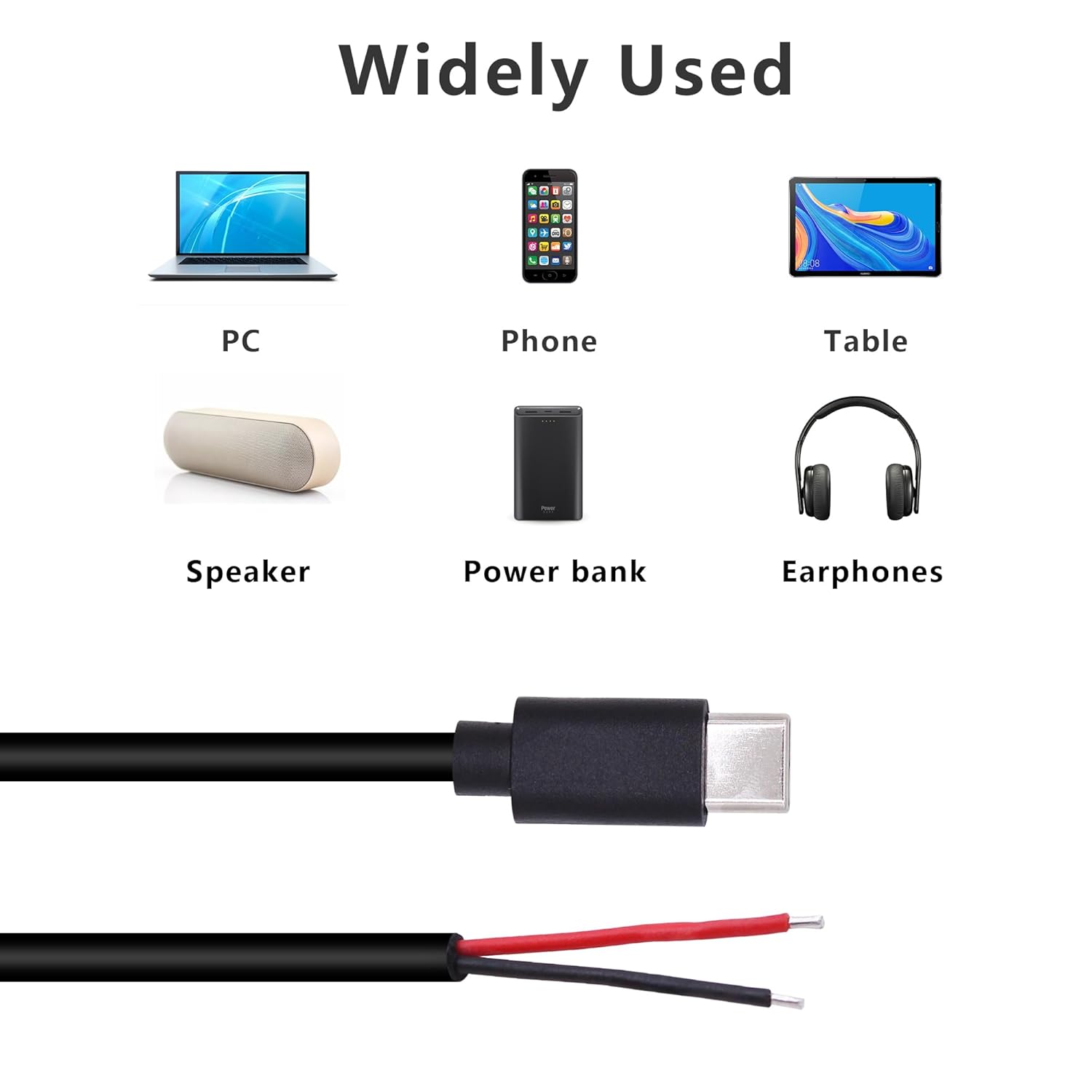 Detalle 2 de Xilaghy USB C 2 Pin Power Pigtail Cable 1M/3.2ft (2 Pack) – DIY Power Cord Replacement