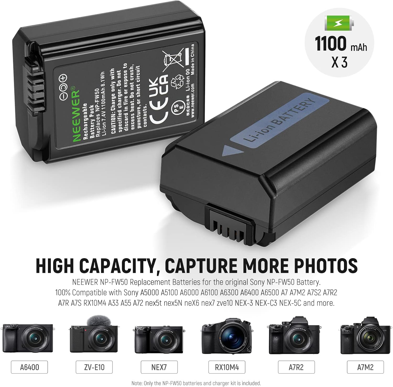 Detalle de NEEWER 3-Pack NP-FW50 replacement batteries and triple-slot USB charger for Sony cameras