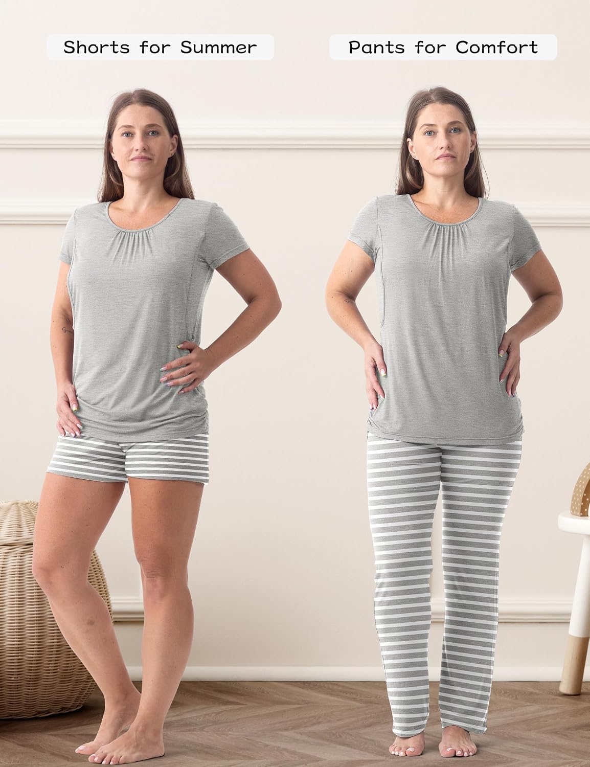 Detalle de SUNNYBUY 3-teiliges Stillpyjama-Set für Damen – Kurzarm-Stillshirts, Umstandsshorts und Bauch-Hose