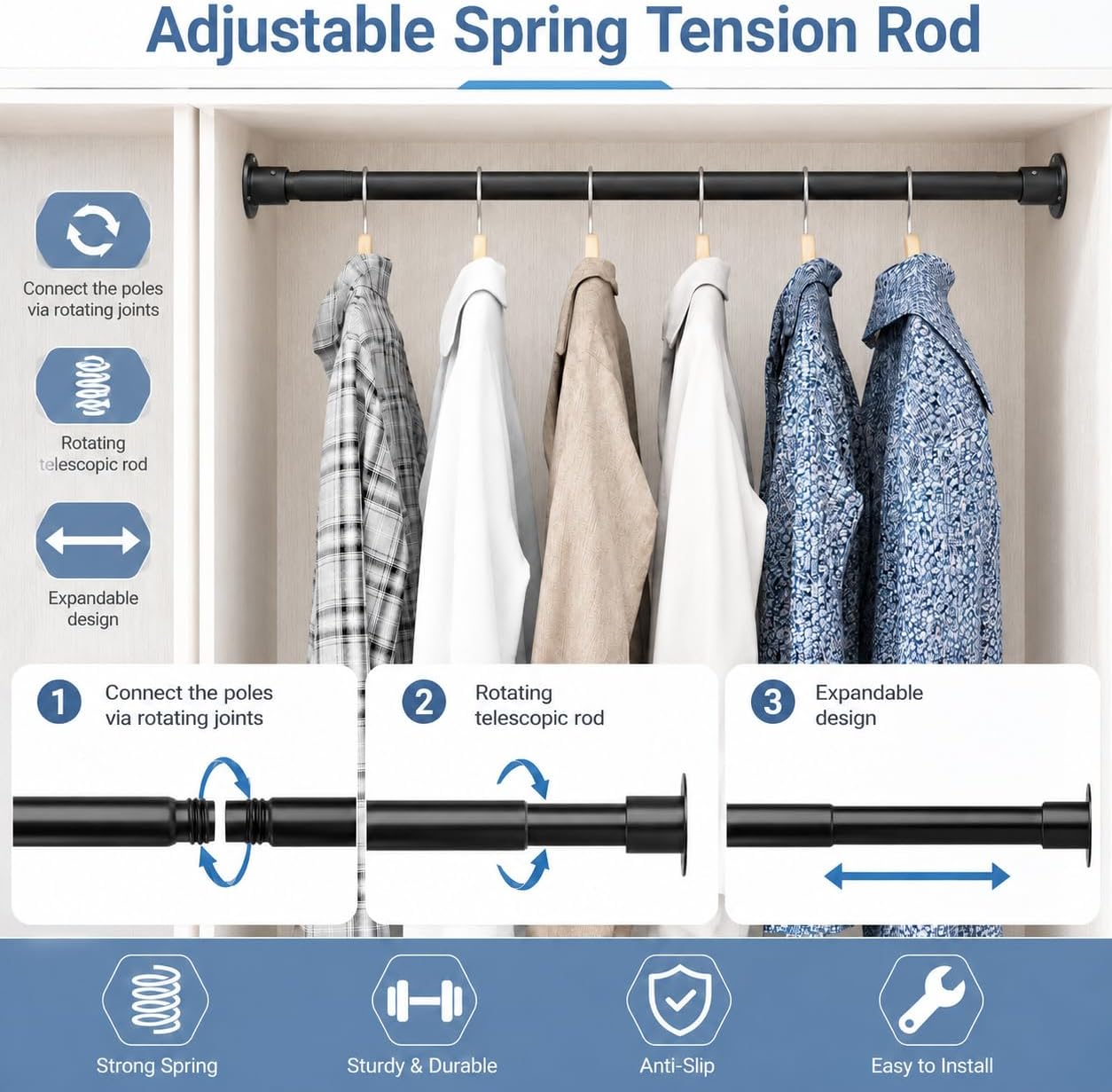 Detalle de GDEVKHN Adjustable Wardrobe Rail, 65–90 cm, 32 mm Metal, White