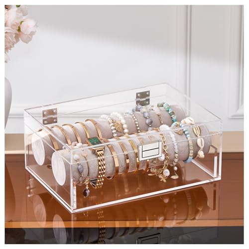 Detalle de Lolalet Acrylic Bracelet Organiser Box, Clear Display Case with Velvet Rolls, No Drawer