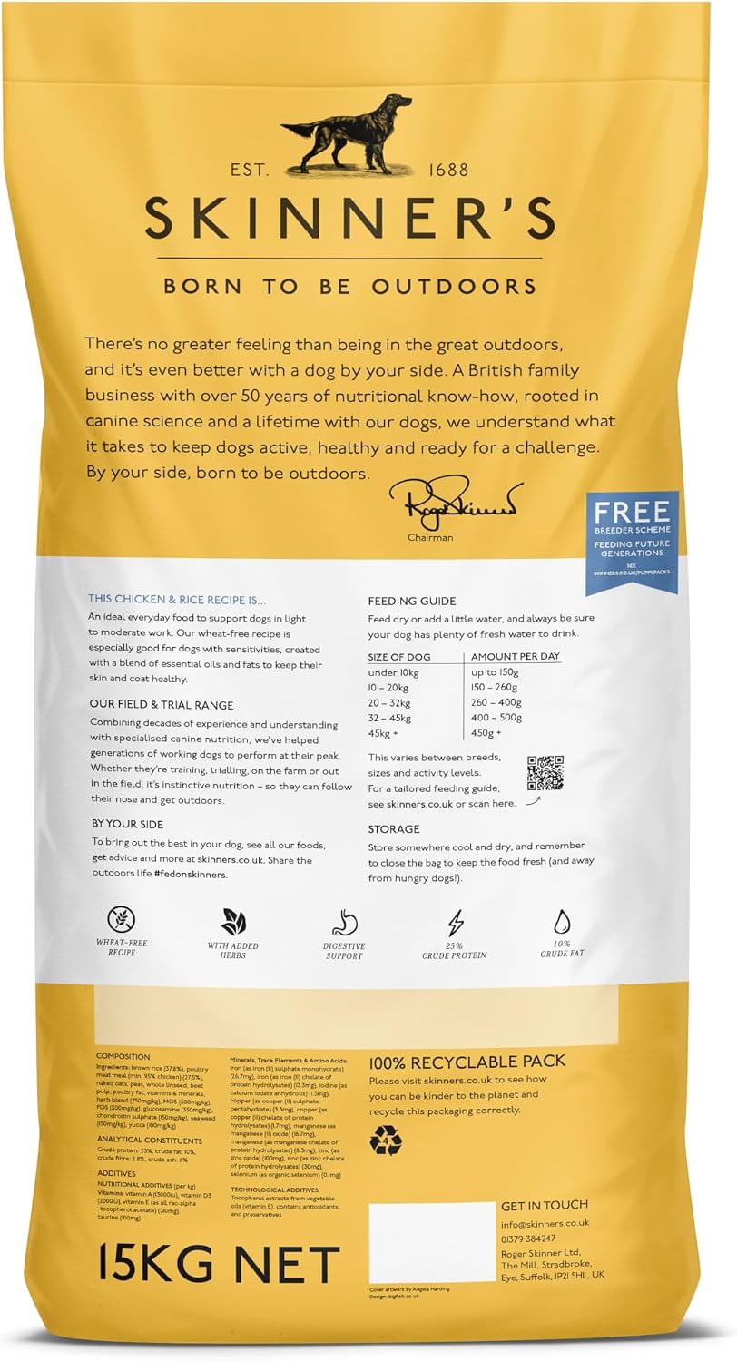 Detalle de Skinner’s Field & Trial Chicken & Rice – Complete Dry Adult Dog Food, Sensitive, Gentle Digestion, 15kg