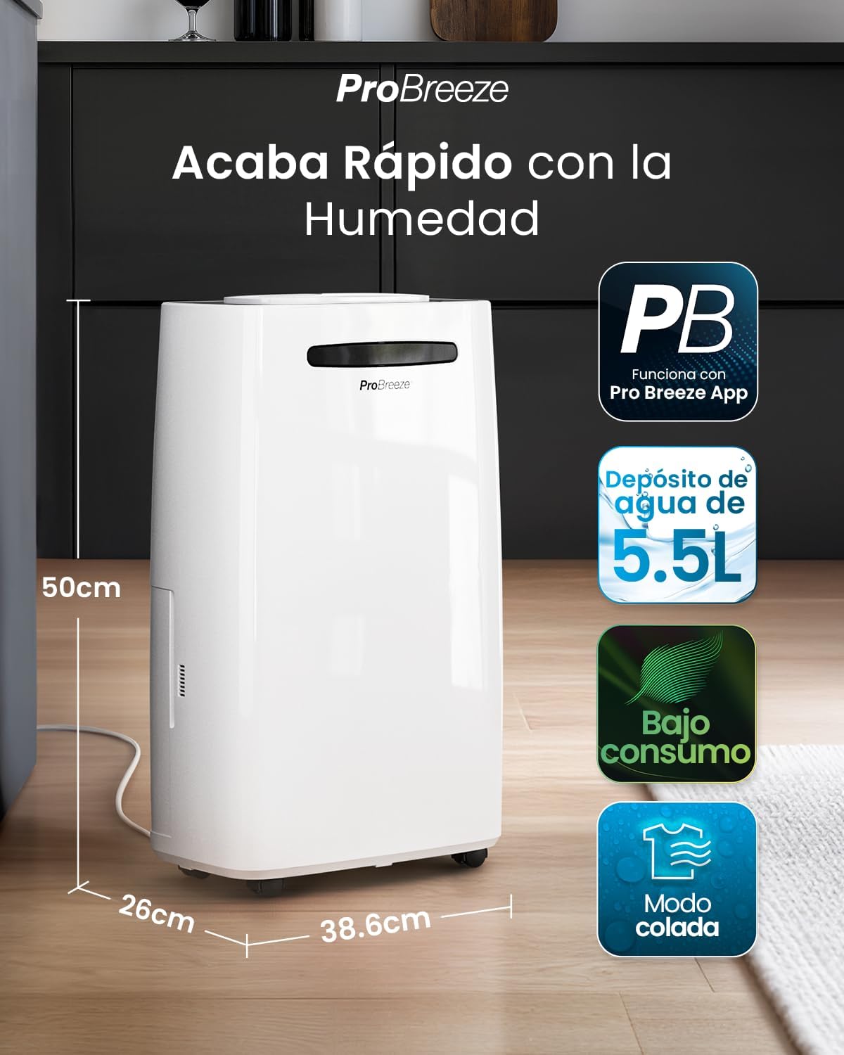 Thumbnail 1 de Pro Breeze deshumidificador inteligente 20L/día con Wi-Fi, sensor de humedad, modo ropa y drenaje continuo para condensación y moho en casa