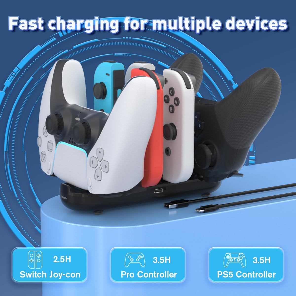 Detalle de Switch Controller Charger Dock: 6-in-1 Charging Station for Nintendo Switch, Pro, Joy-Con & PS5 Controller