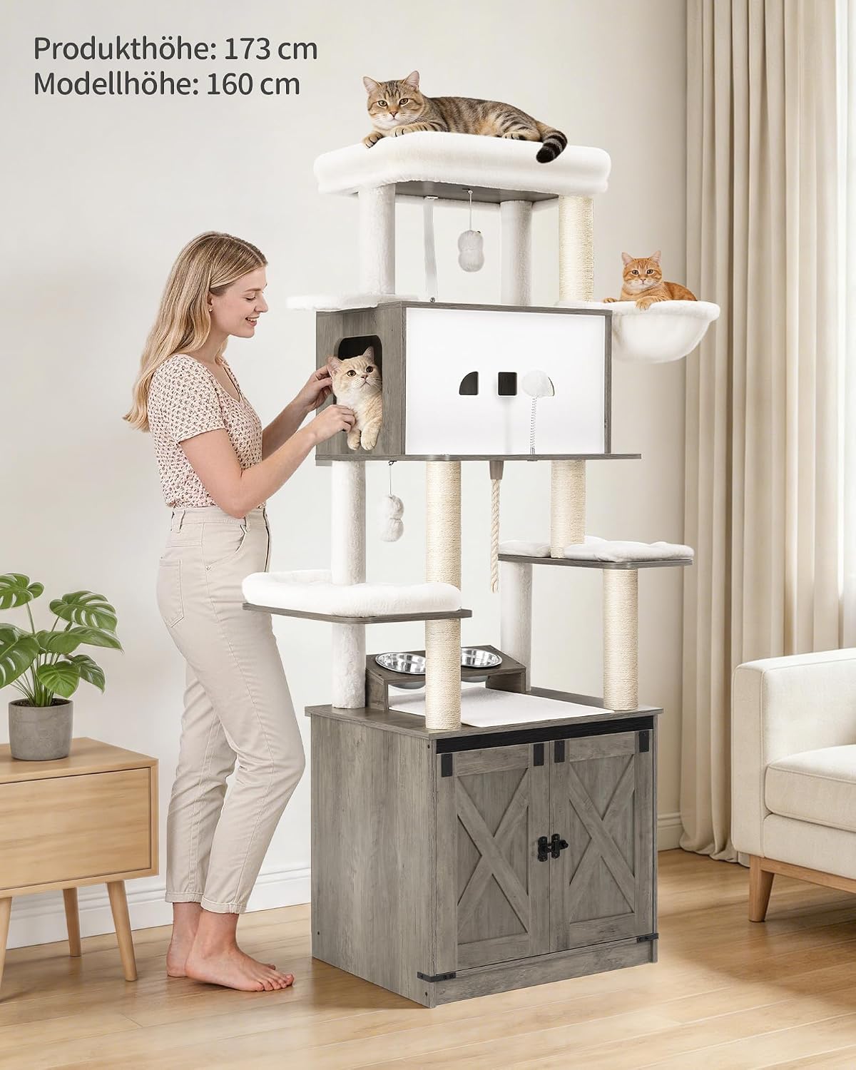 Detalle de Hzuaneri Kratzbaum: Katzenbaum mit Katzenklo-Schrank, 173 cm, Futterstation & mehr (CB89005WT)