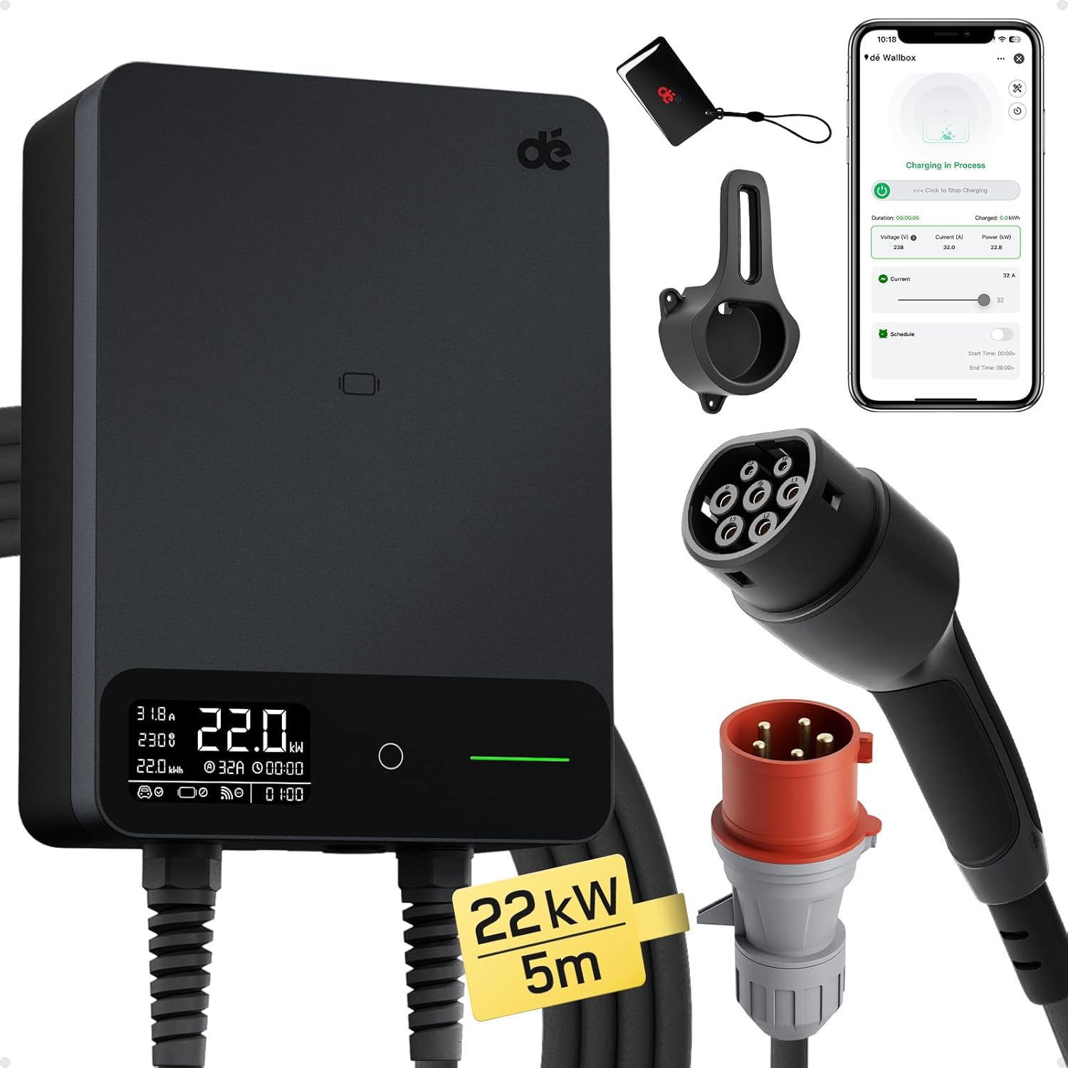 Detalle de dé Wallbox 22kW mit APP – 5 m Typ 2 Kabel, IP54, 3-Phasen EV-Ladegerät
