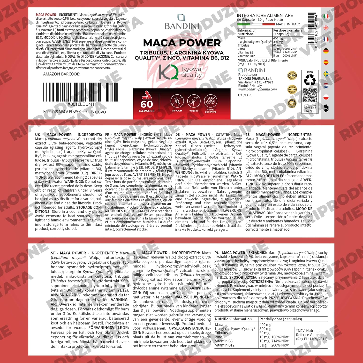 Detalle de BANDINI MACA POWER Peru supplement met maca, tribulus en 60 vegan capsules