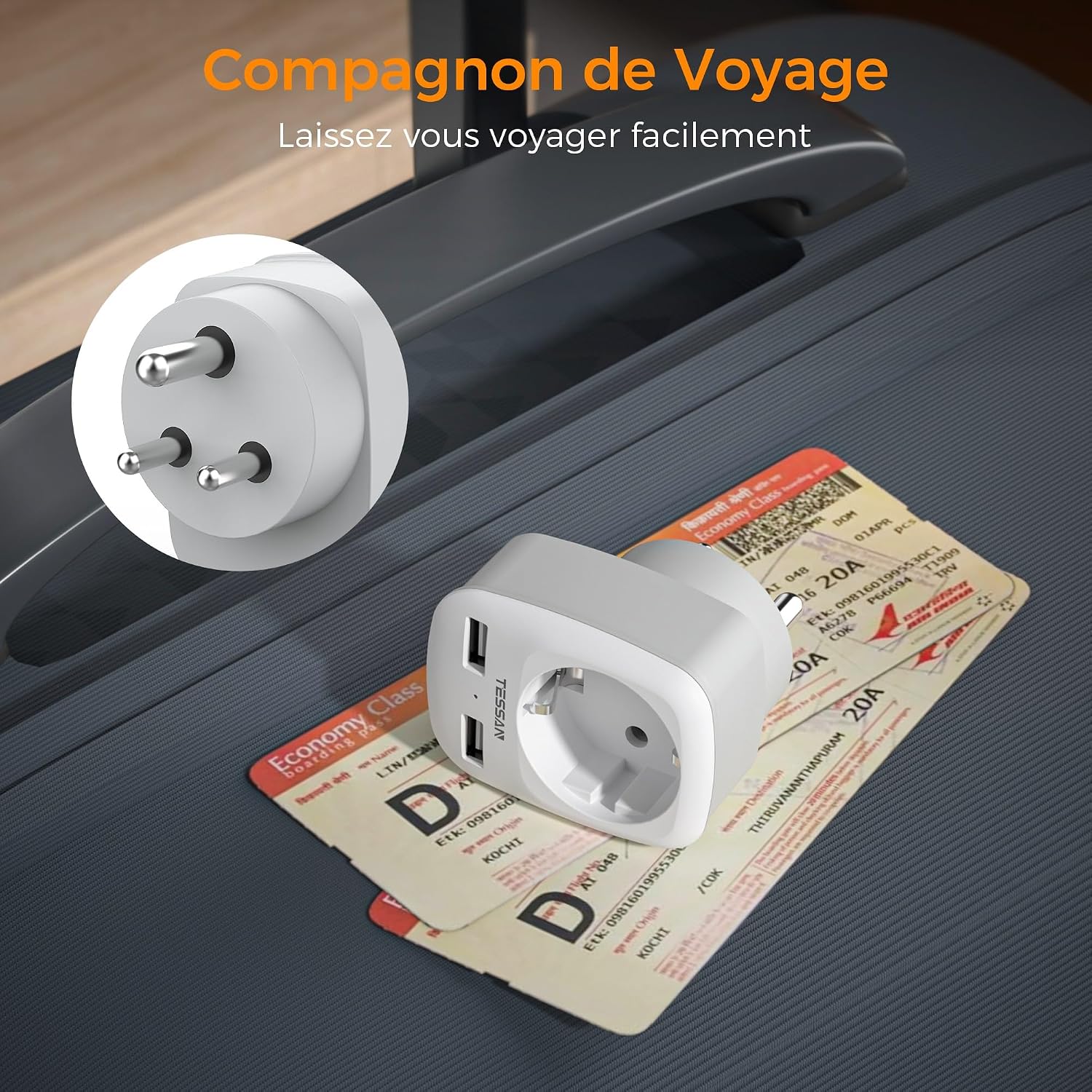 Detalle de TESSAN Pack de 2 adaptateurs prise Inde Type D avec 2 USB (3 en 1) pour Inde, Sri Lanka et Népal