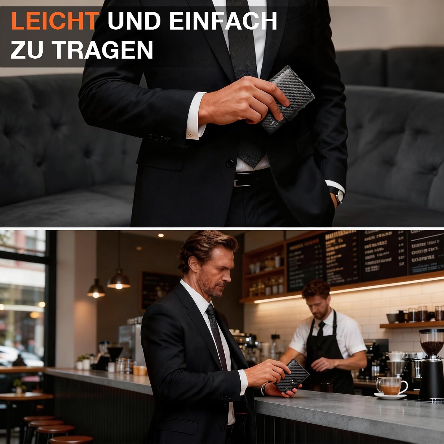 Detalle 2 de TENBST Geldbörse Herren Slim Wallet mit RFID-Schutz – Schwarz/Orange, Kartenetui bis 10 Karten, Münzfach, Geschenkverpackung