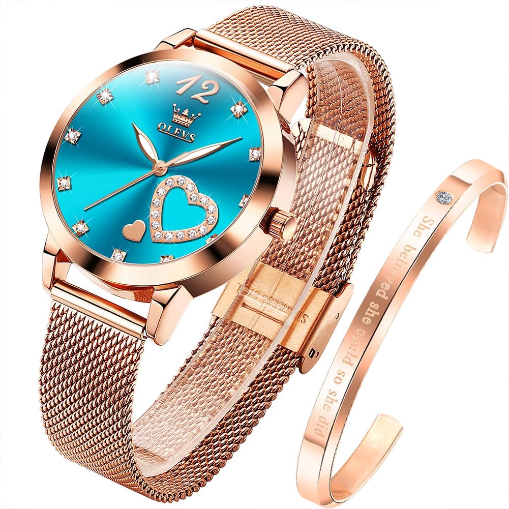 Thumbnail 6 de OLEVS Damenuhr Roségold mit Herz-Diamant Zifferblatt, Quarzwerk & 30 m wasserdichtes Armband-Set