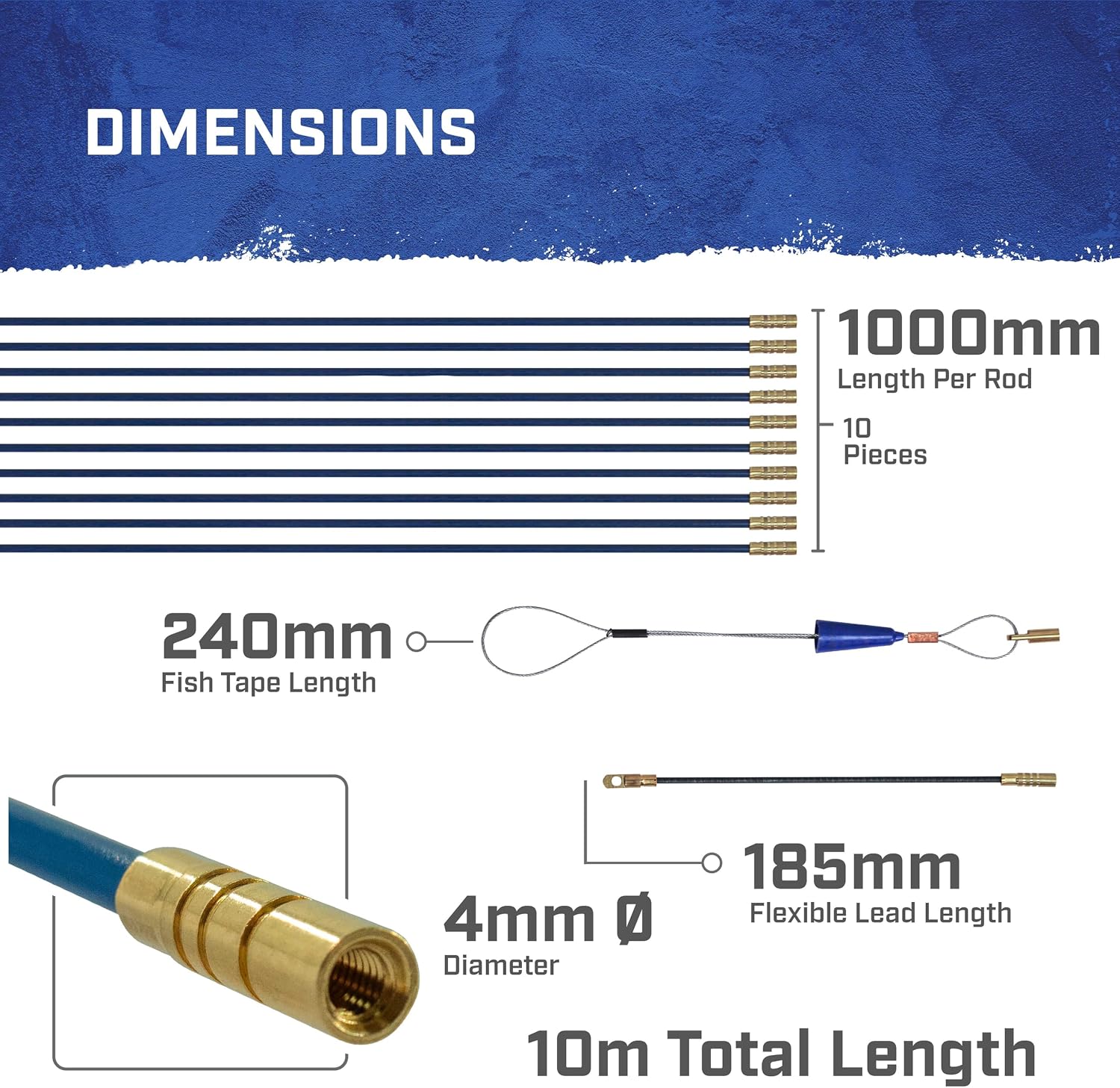 Detalle de Faithfull Cable Access Rod & Accessories Kit – 15 Pieces (10 x 1000mm Rods, 10m Total)