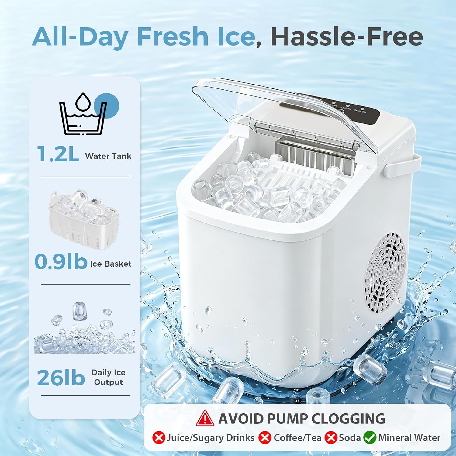 Detalle de KMFurnila Countertop Ice Maker, 26 lb Daily Capacity
