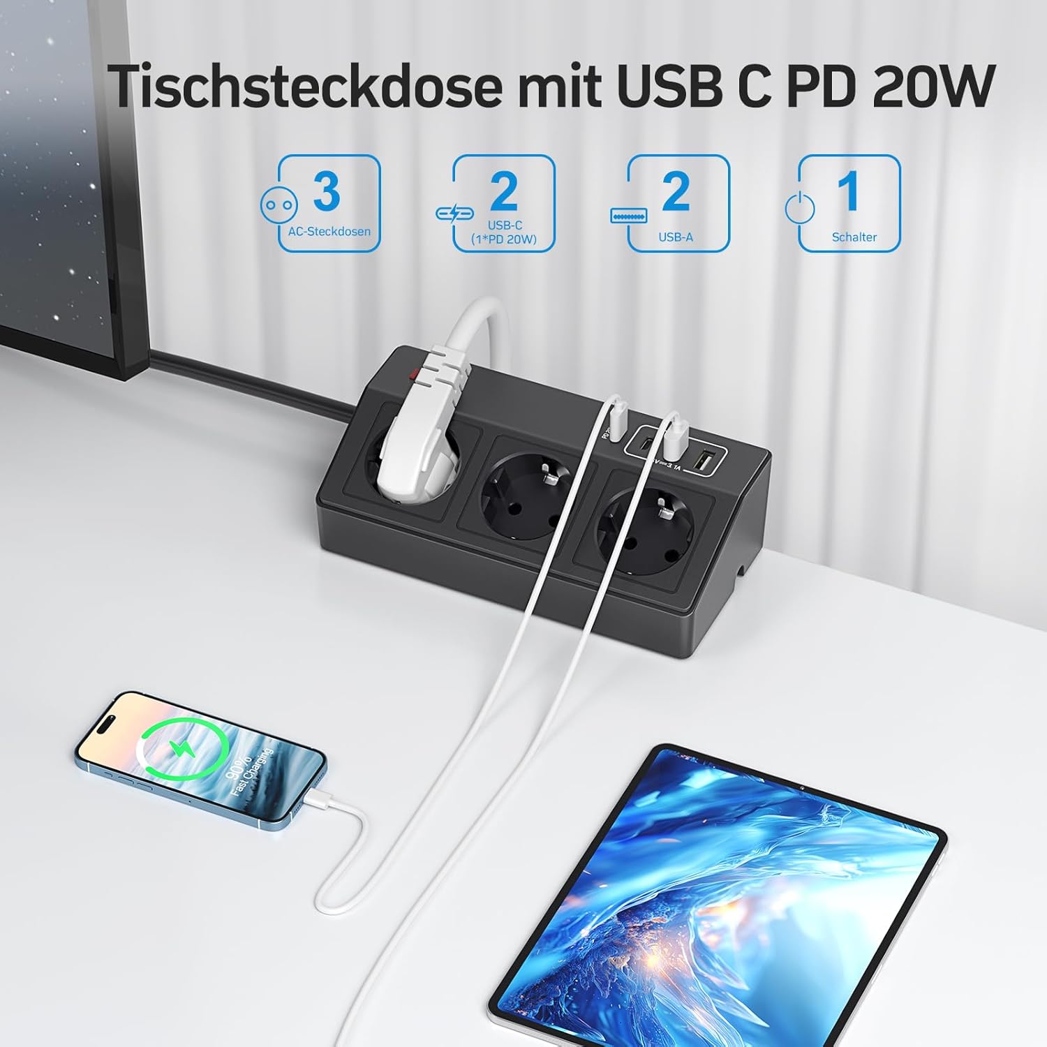 Detalle de STGAROT Tischsteckdose mit USB-C PD 20W – 3-fach Mehrfachsteckdose mit USB und Klemmvorrichtung