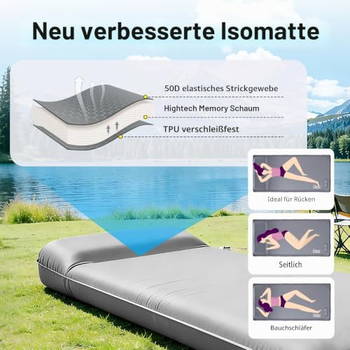 Detalle de PlanetFlame Isomatte Selbstaufblasend mit integrierter Pumpe – 200 × 70 × 8 cm, 8 cm Schaumstoff, 10 cm Kopfkissen