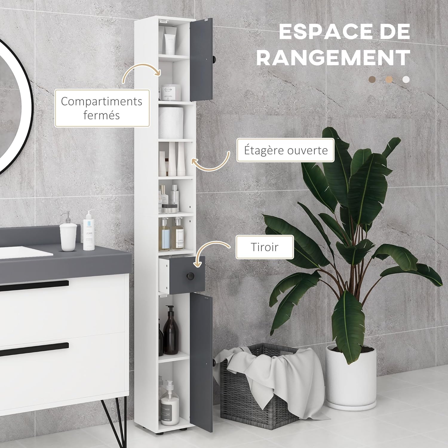 Detalle de kleankin Armoire colonne Salle de Bain – 20 x 20 x 180 cm, gris