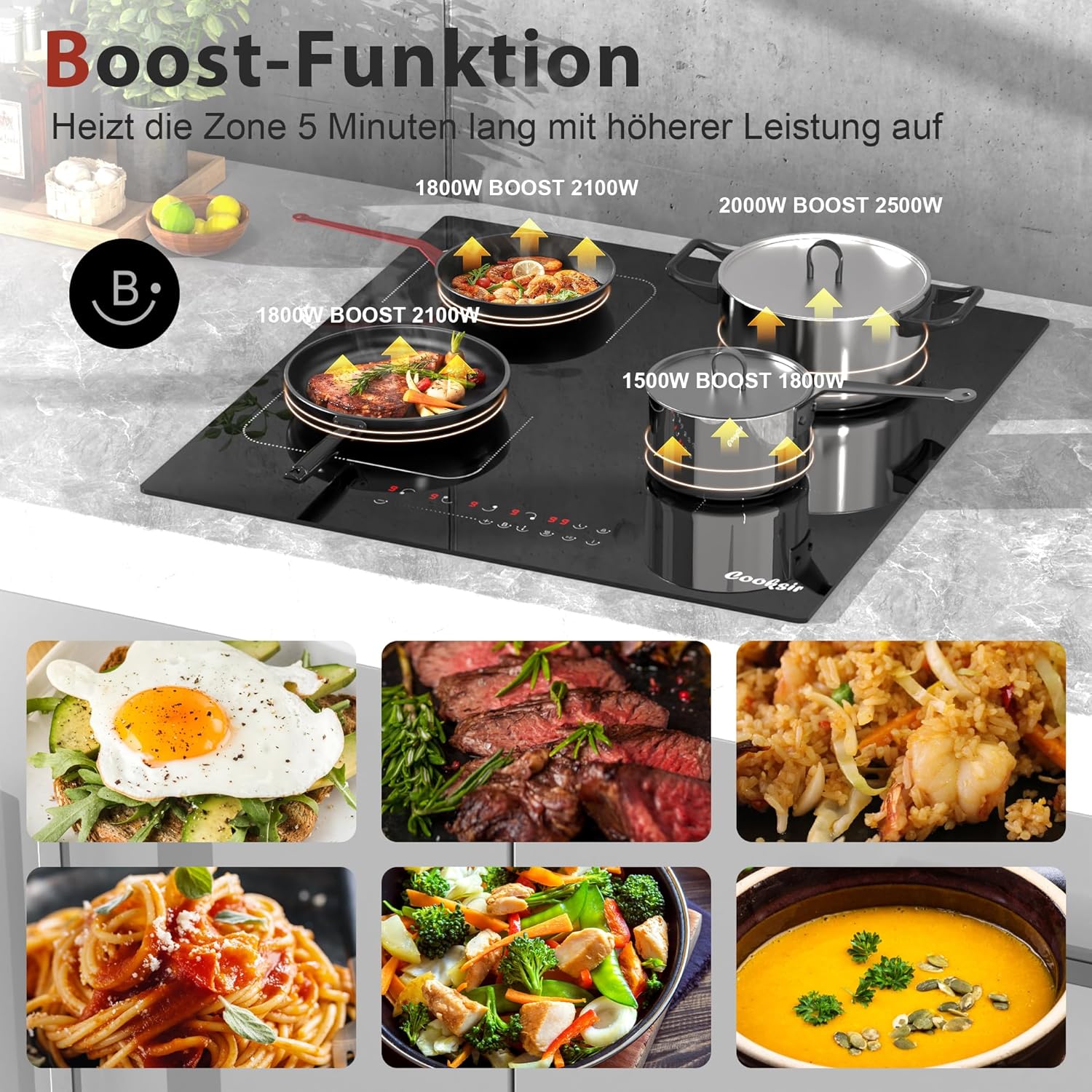 Detalle 2 de Cooksir Induktionskochfeld 60 cm mit Stecker – 4 Zonen, 3500 W, 220 V, 16 A