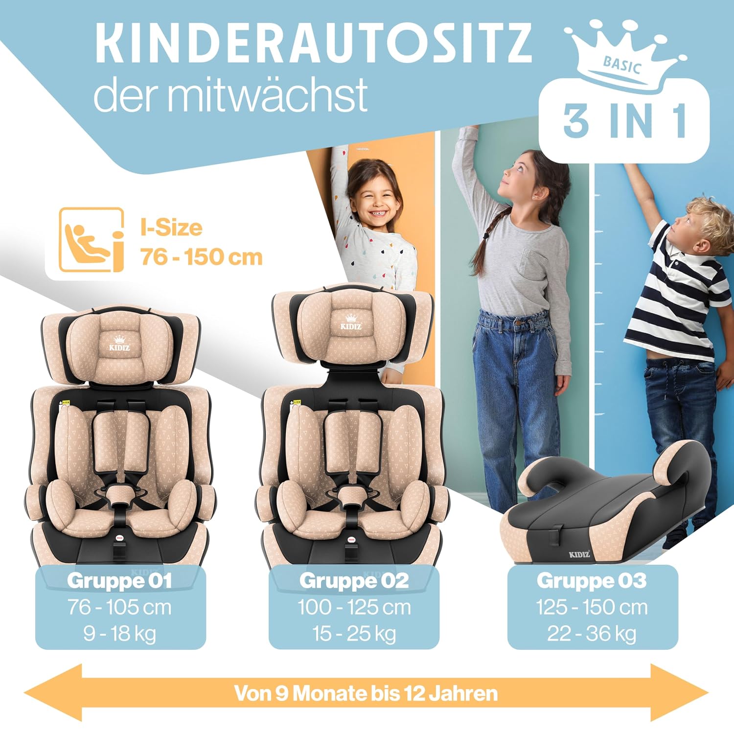 Detalle 2 de KIDIZ Autokindersitz i-Size R129 (100–150 cm) bis 12 Jahre – Gruppe 1/2/3, 5-Punkt-Gurt, höhenverstellbare Kopfstütze, ohne Isofix