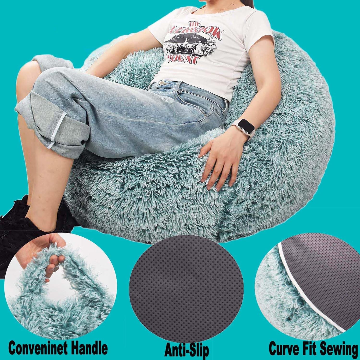 Detalle de Kisoy KQ-001DGreenS Stuffed Animal Storage Bean Bag Cover, Dark Green Faux Fur