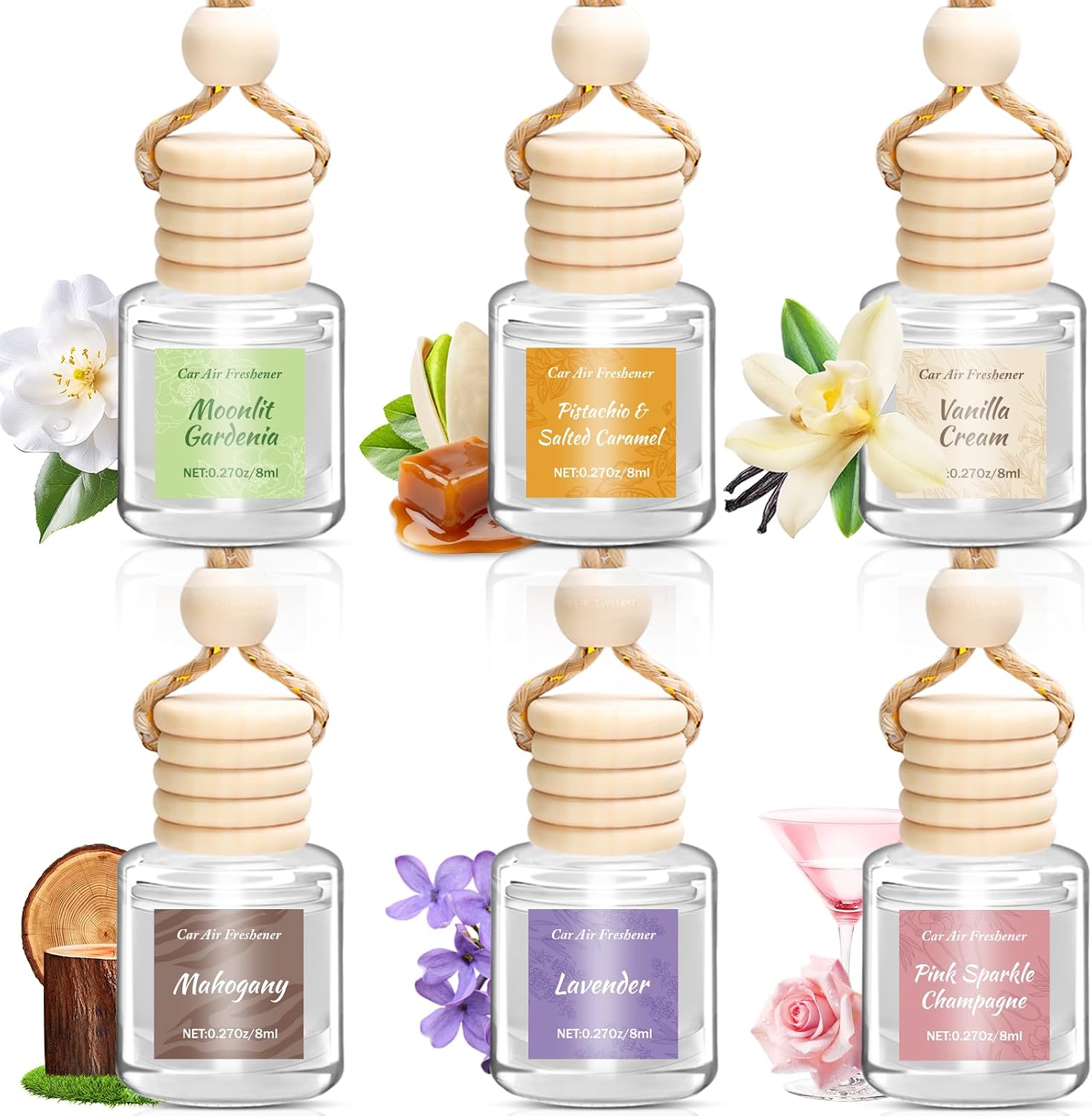 Vetuslumen 6-Pack Car Air Freshener for Women (8ml Each) — Hanging Glass Diffuser with Slow-Release Essential Oil Scents