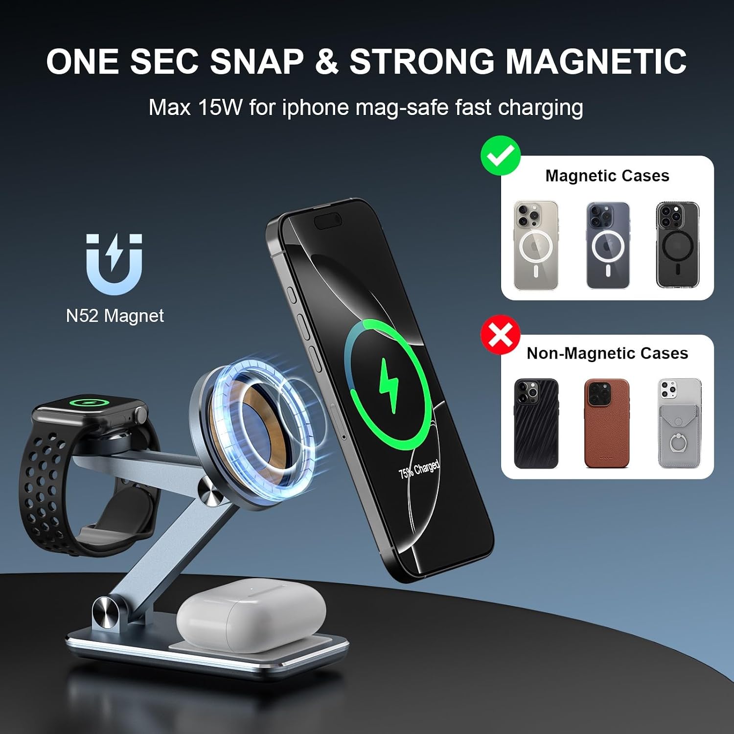 Detalle 2 de Magnetic Foldable 3-in-1 Wireless Charger 20W