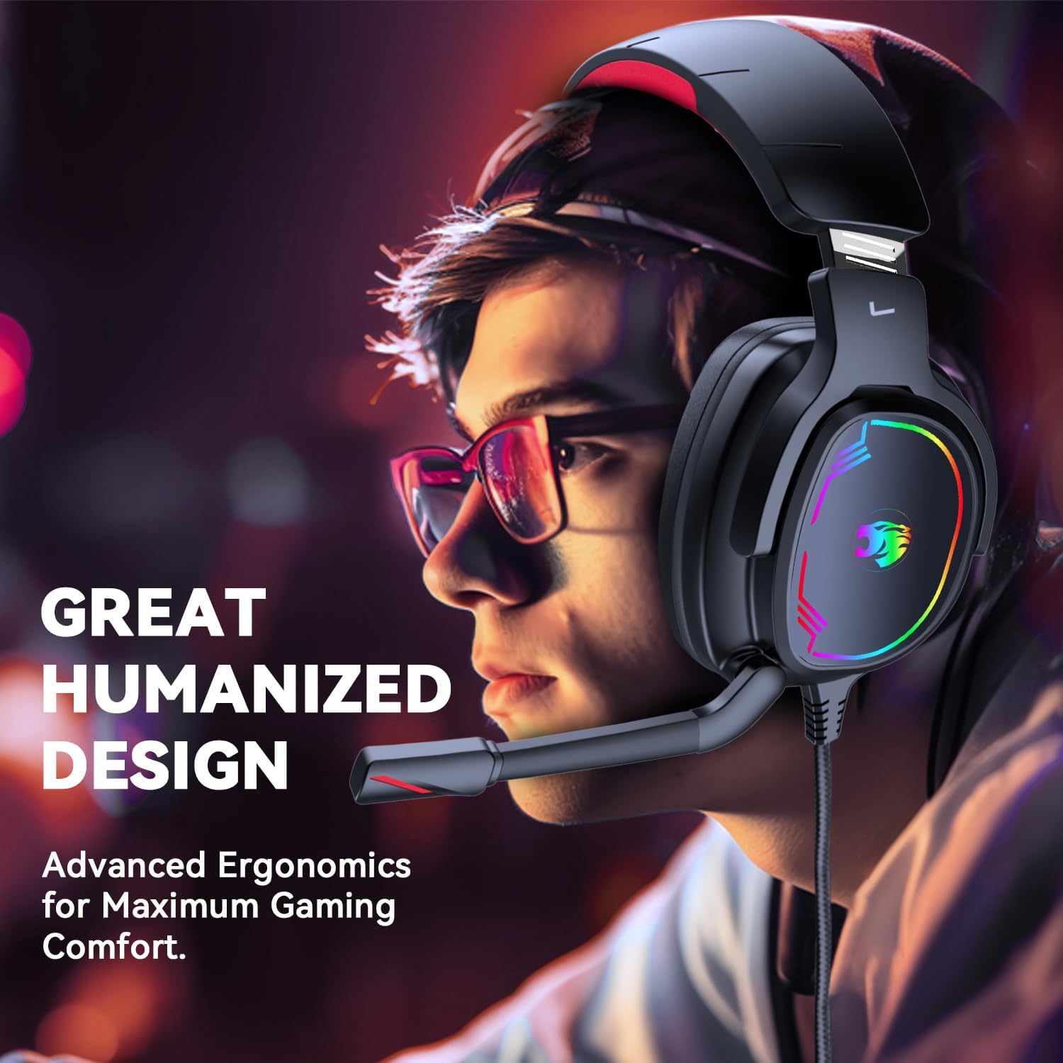 Thumbnail 6 de Jimonyer A82 Gaming Headset, 7.1 Surround Sound, 50mm Drivers, Red RGB