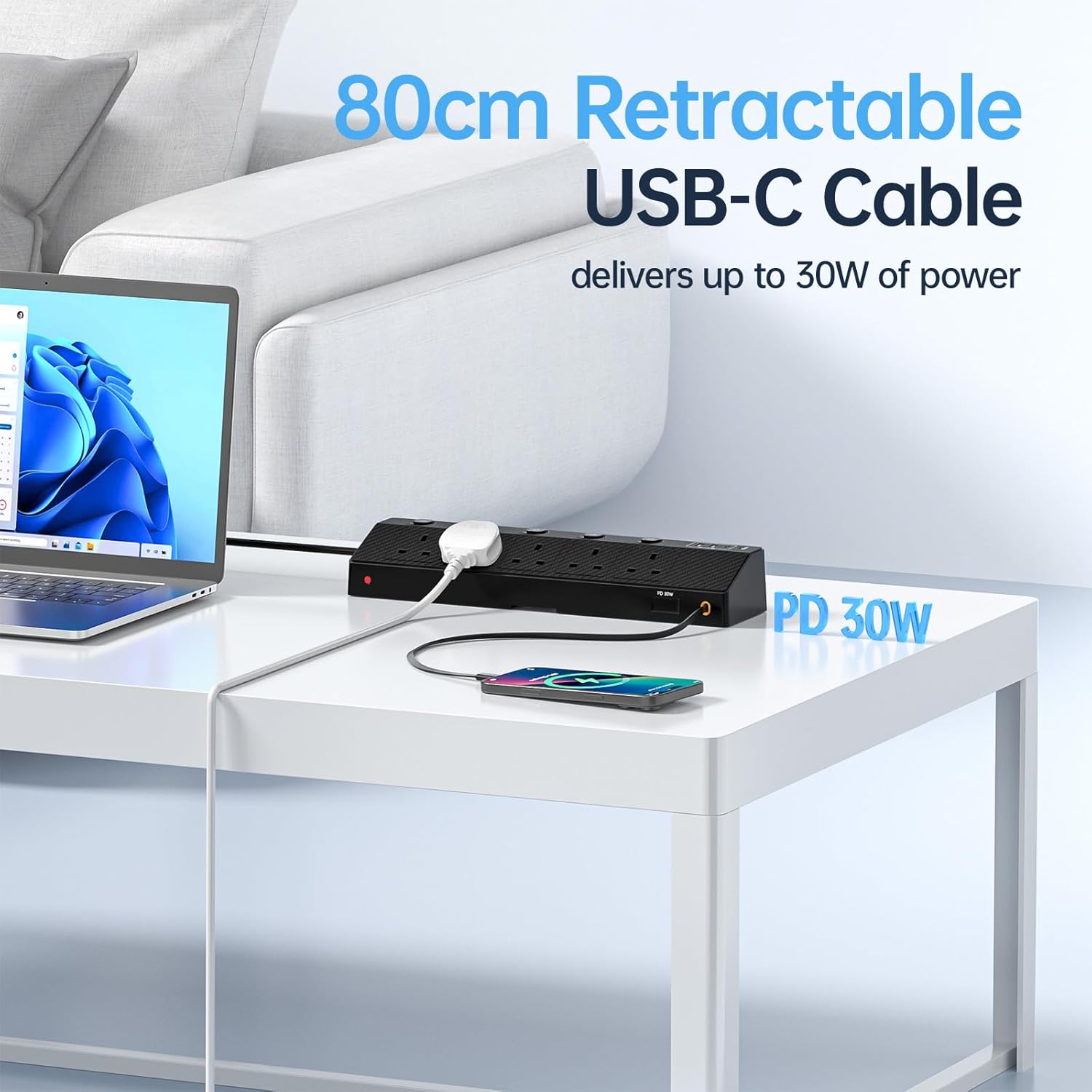 Thumbnail 2 de STGAROT 5-Way Socket Extension Lead with Retractable 80cm USB-C Cable and 2x PD 30W Fast Charging Ports (1.8m, Black)