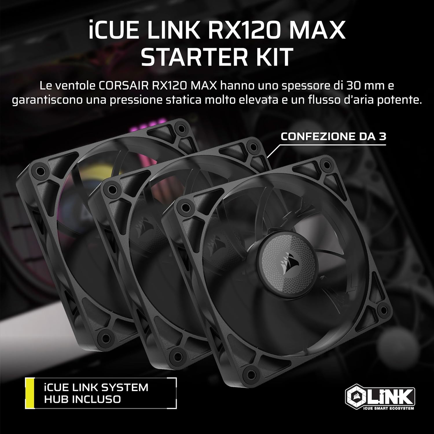 Thumbnail 1 de CORSAIR iCUE LINK RX120 MAX 120mm PWM ventola per radiatori e case, alta pressione statica, con Hub iCUE LINK