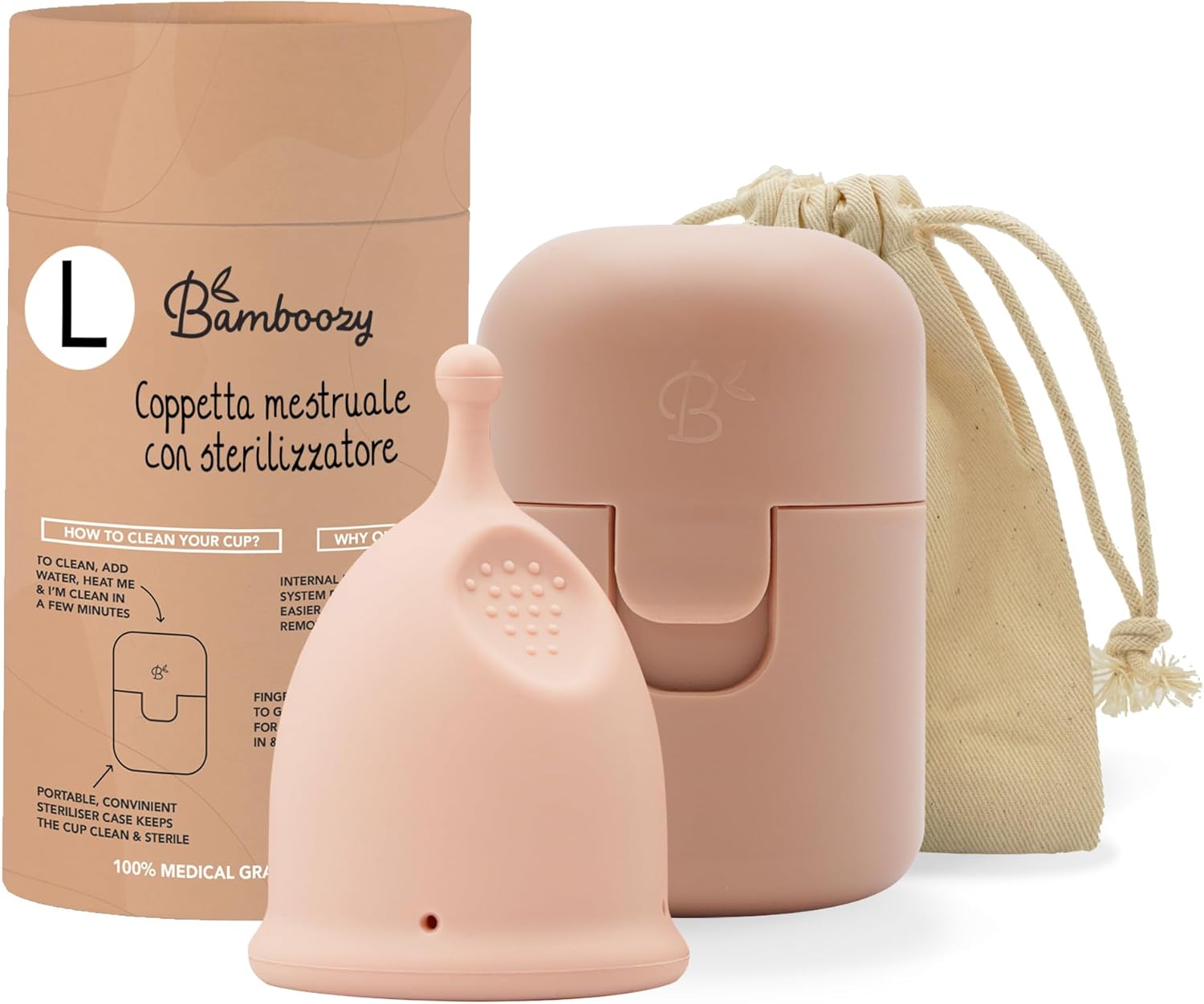 Bamboozy Coppetta mestruale riutilizzabile con sterilizzatore (L) in silicone medico, senza plastica e BPA