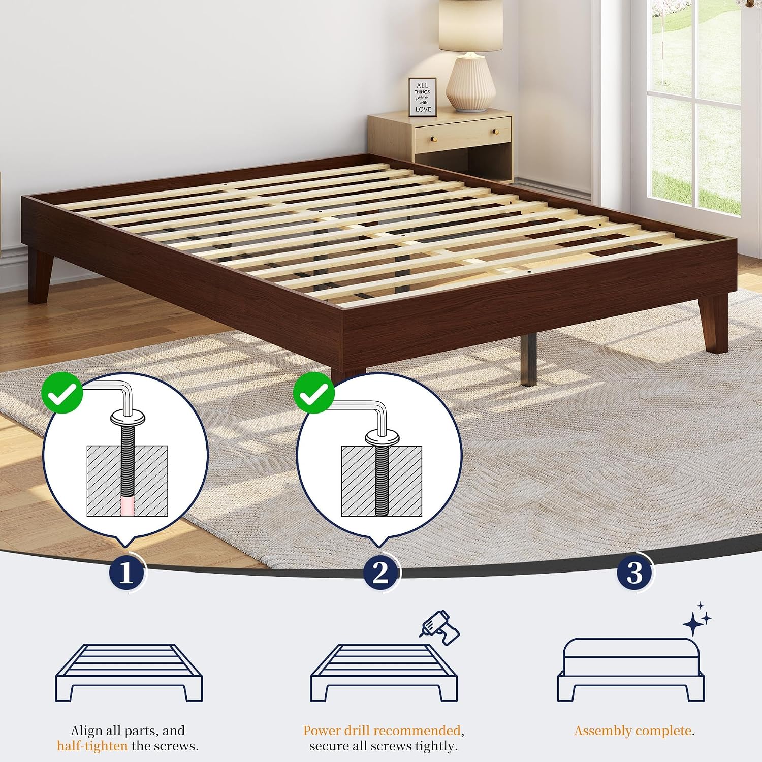 Thumbnail 3 de Yaheetech YT-00145039-001 Queen Bed Frame, Dark Walnut Wood Slats