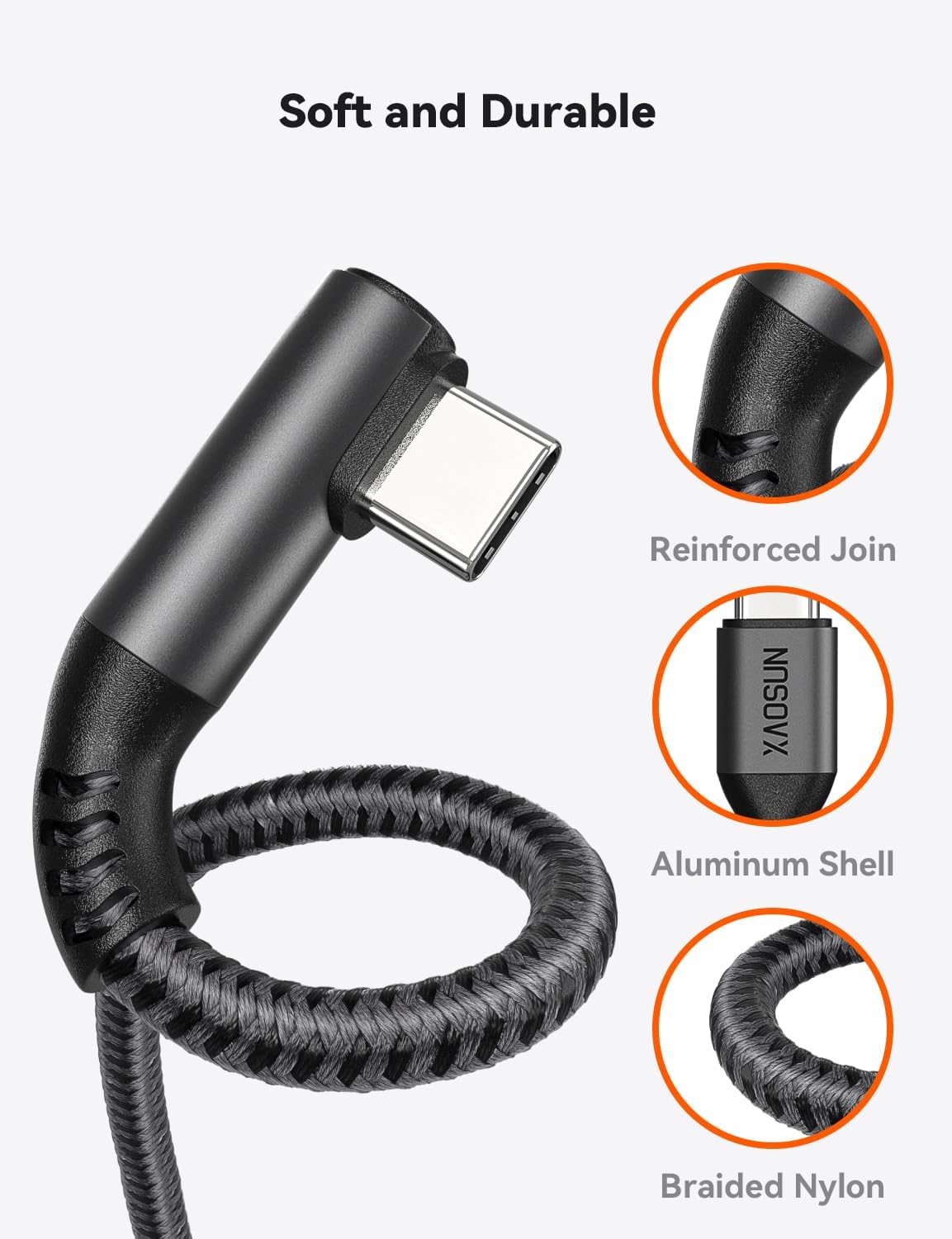 Thumbnail 1 de XAOSUN 240W USB-C auf USB-C Kabel 3m – 90° Schnellladekabel aus Nylon, PD 3.1