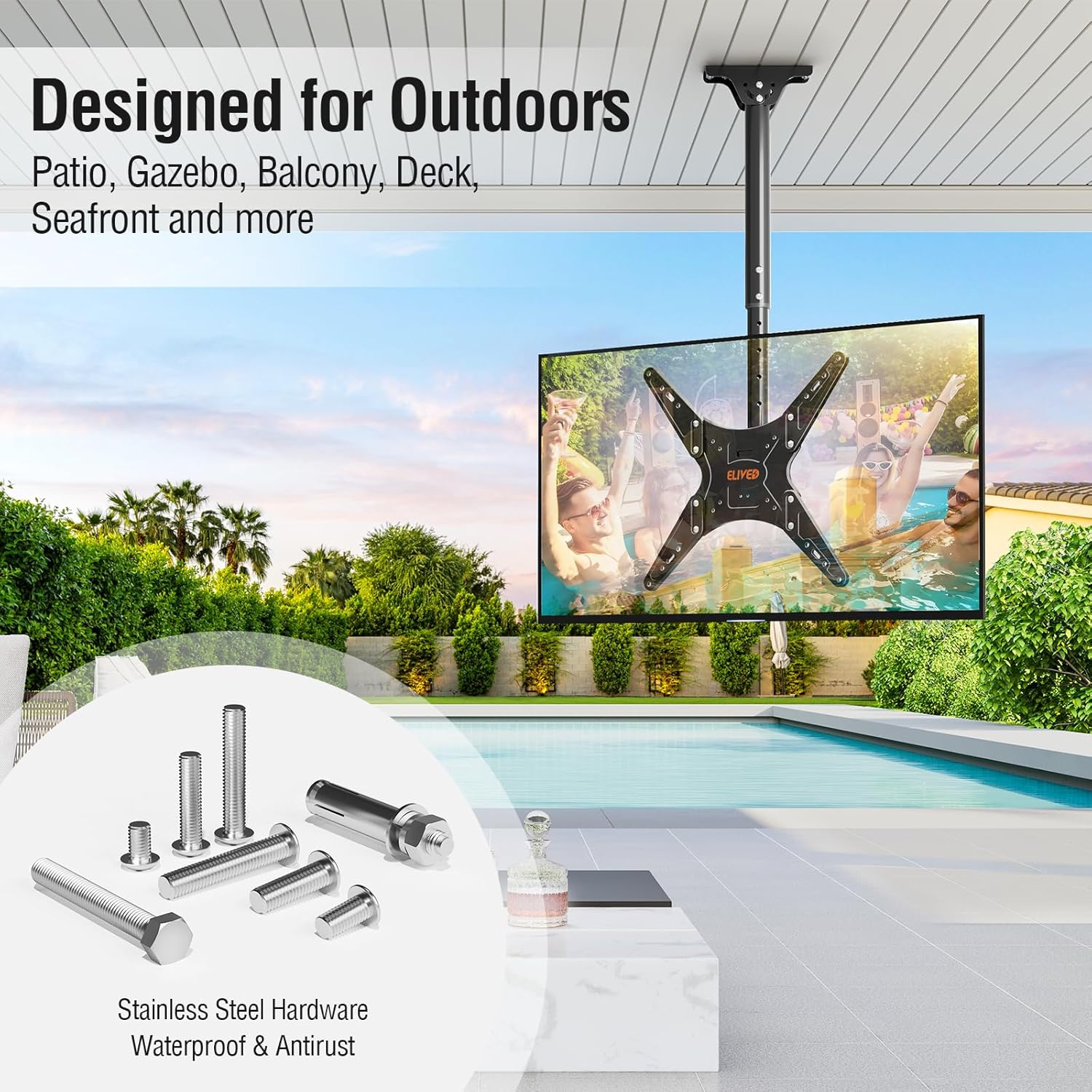 Detalle de ELIVED Outdoor Ceiling TV Mount for 26–65 Inch TVs: Weatherproof, 360° Swivel, and Height Adjustable