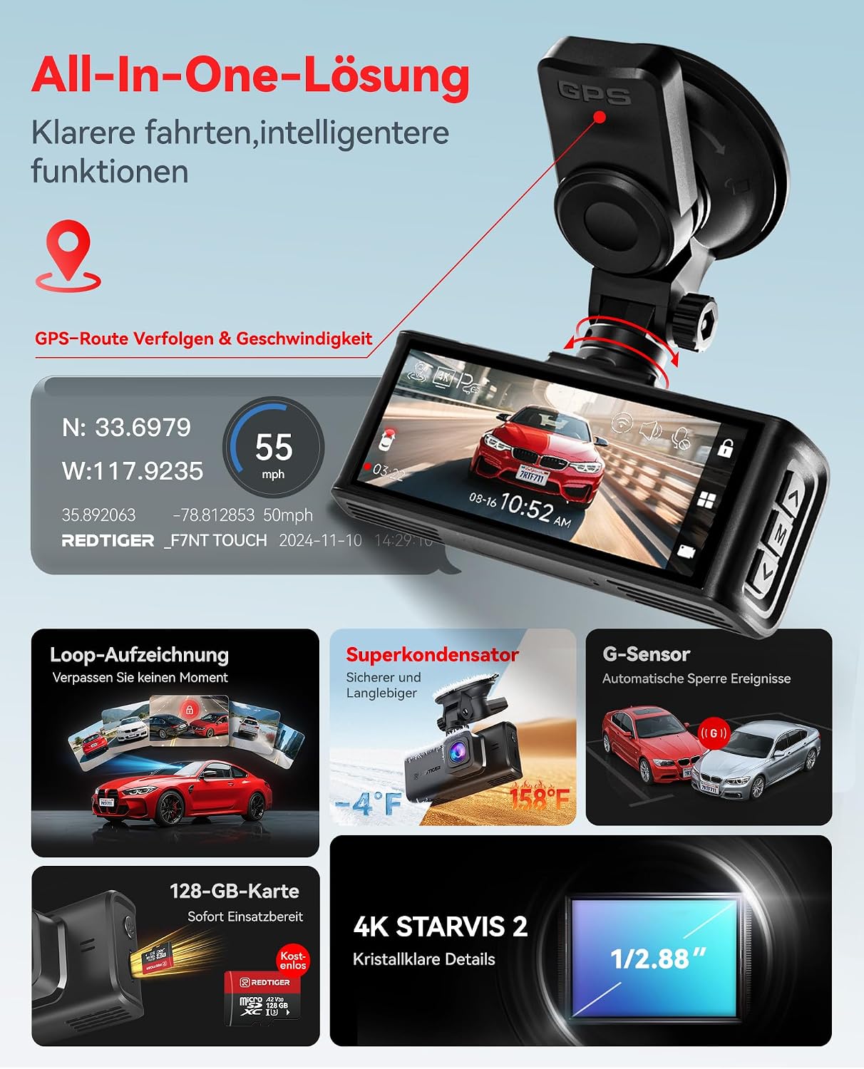 Thumbnail 5 de REDTIGER F7N Touch 4K Dashcam mit GPS und 128GB Karte