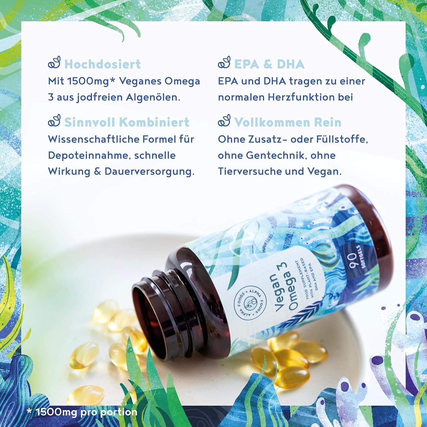 Thumbnail 1 de Omega 3 Vegan Hochdosiert aus Algenöl – Alpha Foods, 90Softgels