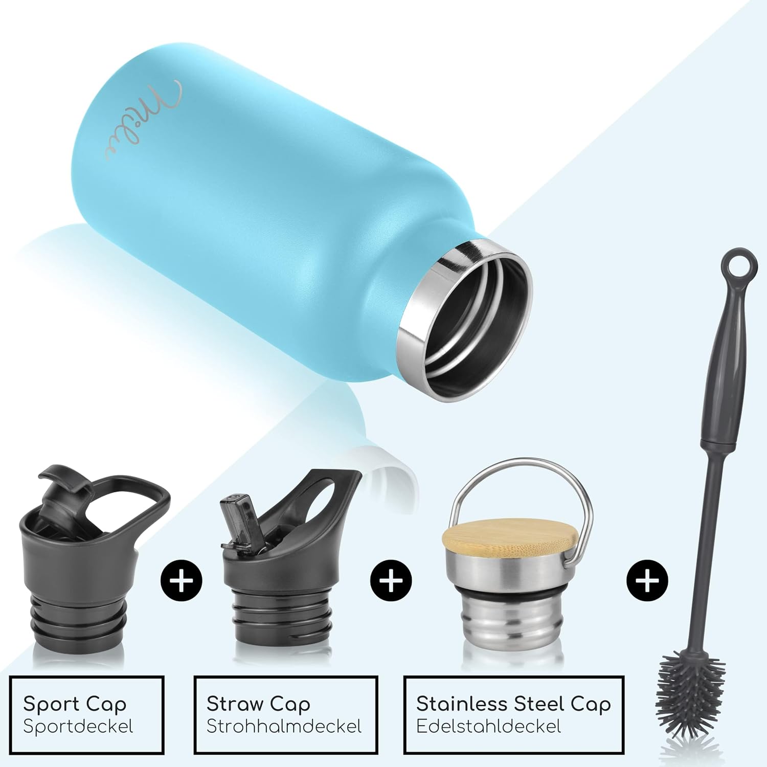 Detalle de Milu Edelstahl Trinkflasche 350ml – vakuumisoliert, 3 Deckel, auslaufsicher, Himmelblau