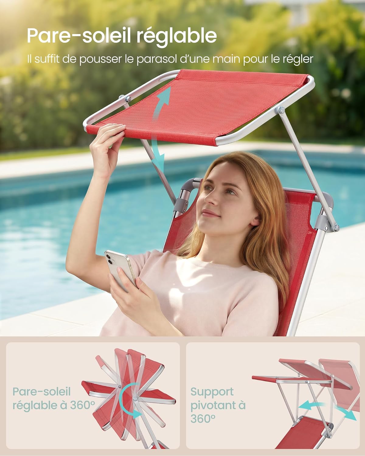 Detalle de SONGMICS Bain de Soleil pliable GCB19RD : transat rouge avec pare-soleil et dossier inclinable