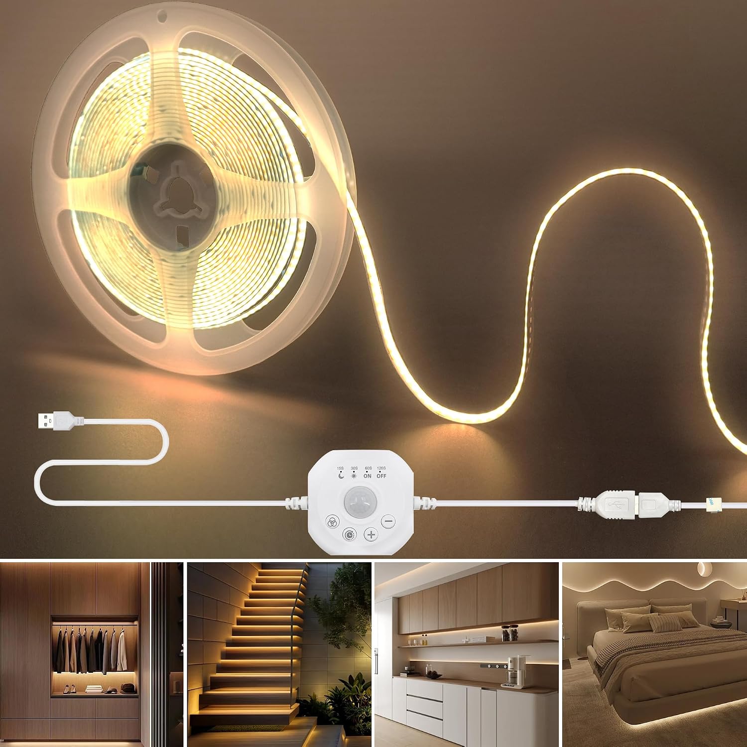 Detalle de Clearhill 5VDCUSB2-SEN-3-1P3000K ledstrip met sensor, dimmer, 3 m