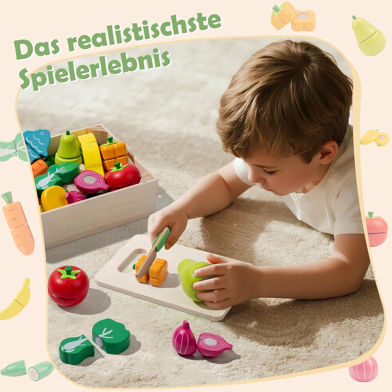 Thumbnail 4 de FMSKS Kinderküche Zubehör aus Holz – ab 3 Jahren, Klettverschluss, 32 Stück (Lernspielzeug)