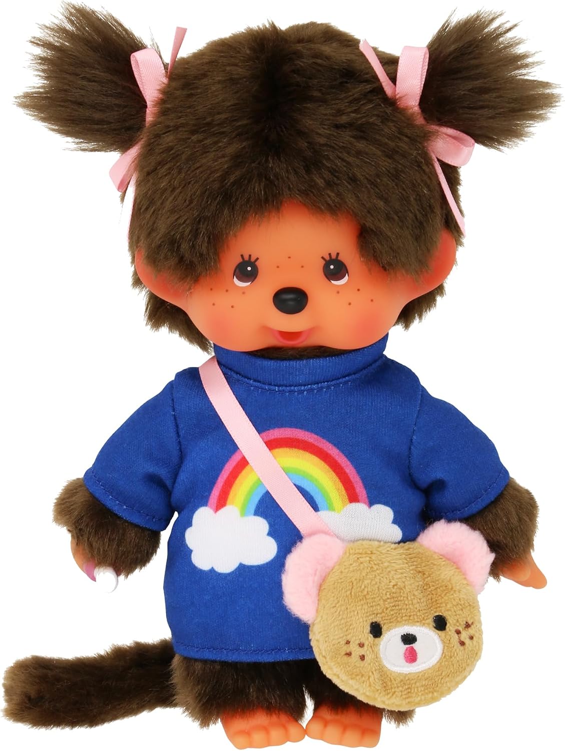 Detalle 2 de Sekiguchi 233724 Monchhichi bambina con maglietta arcobaleno, borsa e fiocchi (peluche ~20 cm)