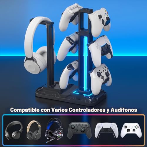 Detalle de KDD Soporte Auriculares Gaming con 9 Modos de Luz: 360° de giro y gancho desmontable para escritorio
