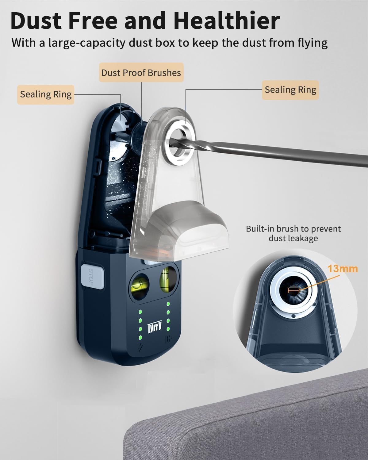 Detalle de Tyrry Livella Laser 4 in 1 con ventosa elettronica a vuoto, raccogli polvere per trapano e supporto a parete