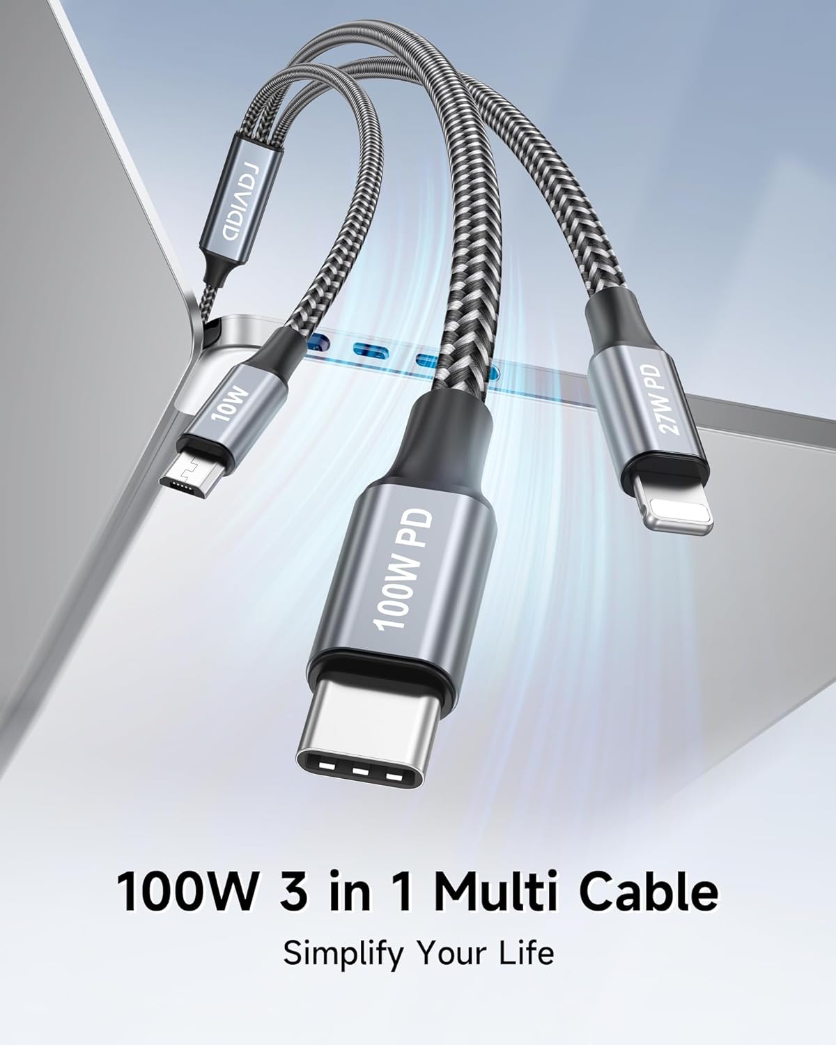 Detalle 2 de RAVIAD 100W USB-C Multi-Ladekabel 50 cm – 3-in-1 mit LED-Anzeige und 100W Power Delivery