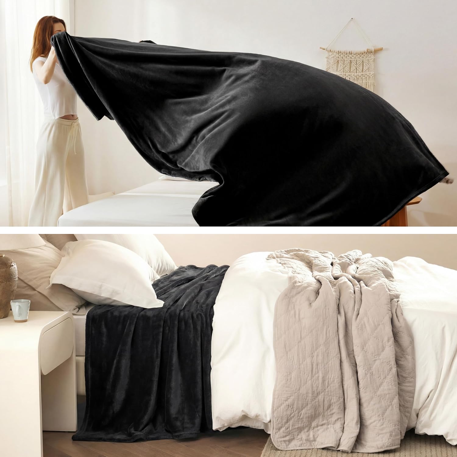 Detalle de Bedsure 280 GSM Fleece Throw Blanket, Black, 84 × 90