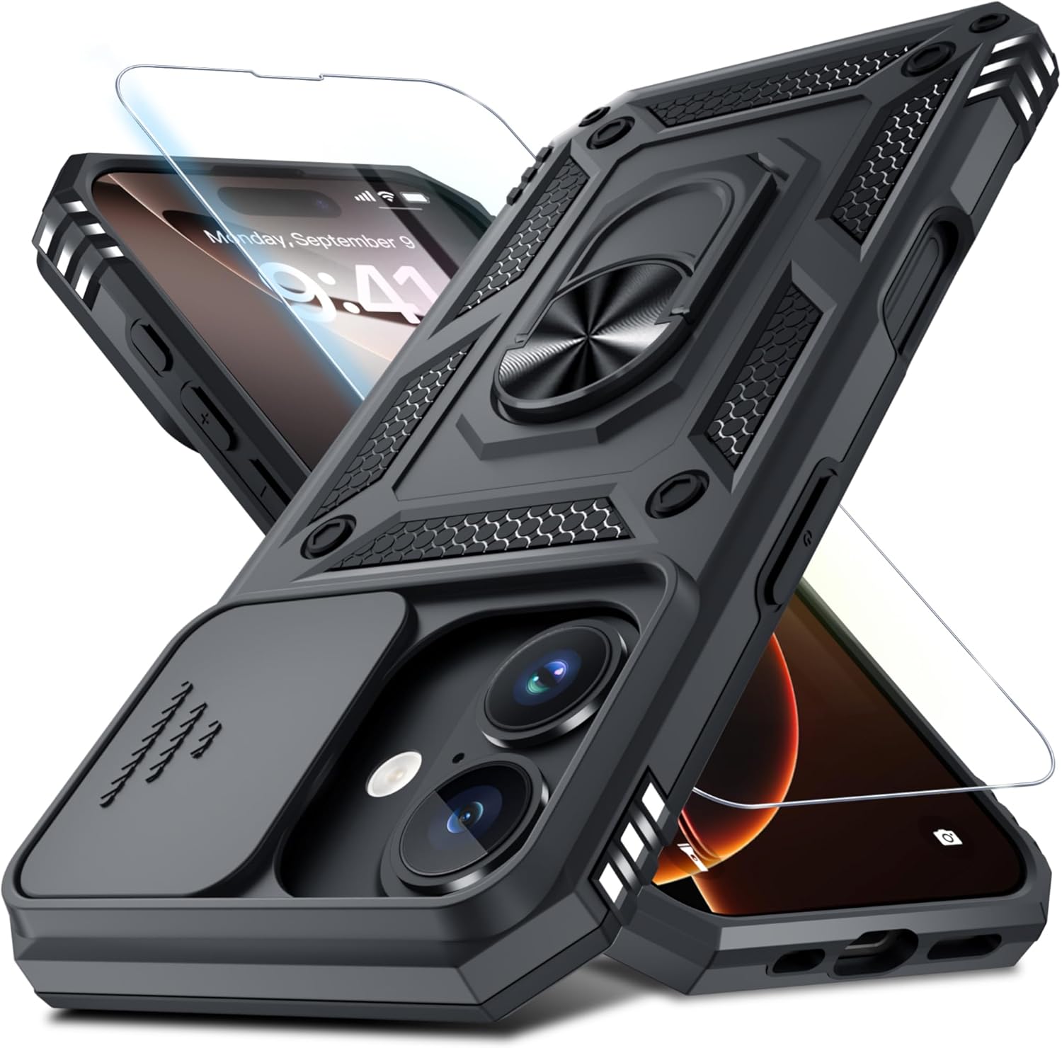 Detalle de Janmitta Case for iPhone 14 & 13: Heavy-Duty Case with Slide Camera Lens Cover, Built-In Screen Protector, Kickstand, and Finger Ring